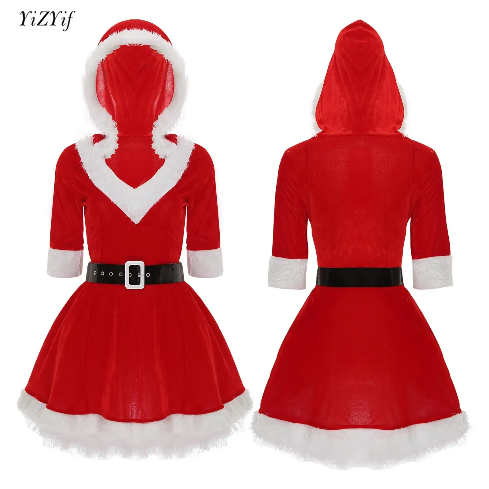 

Women Red Velvet Hooded Christmas Dress Mrs Claus Santa Baby Cosplay Costume Xmas Fancy Party Dress V Neck Tutu Dress with Belt