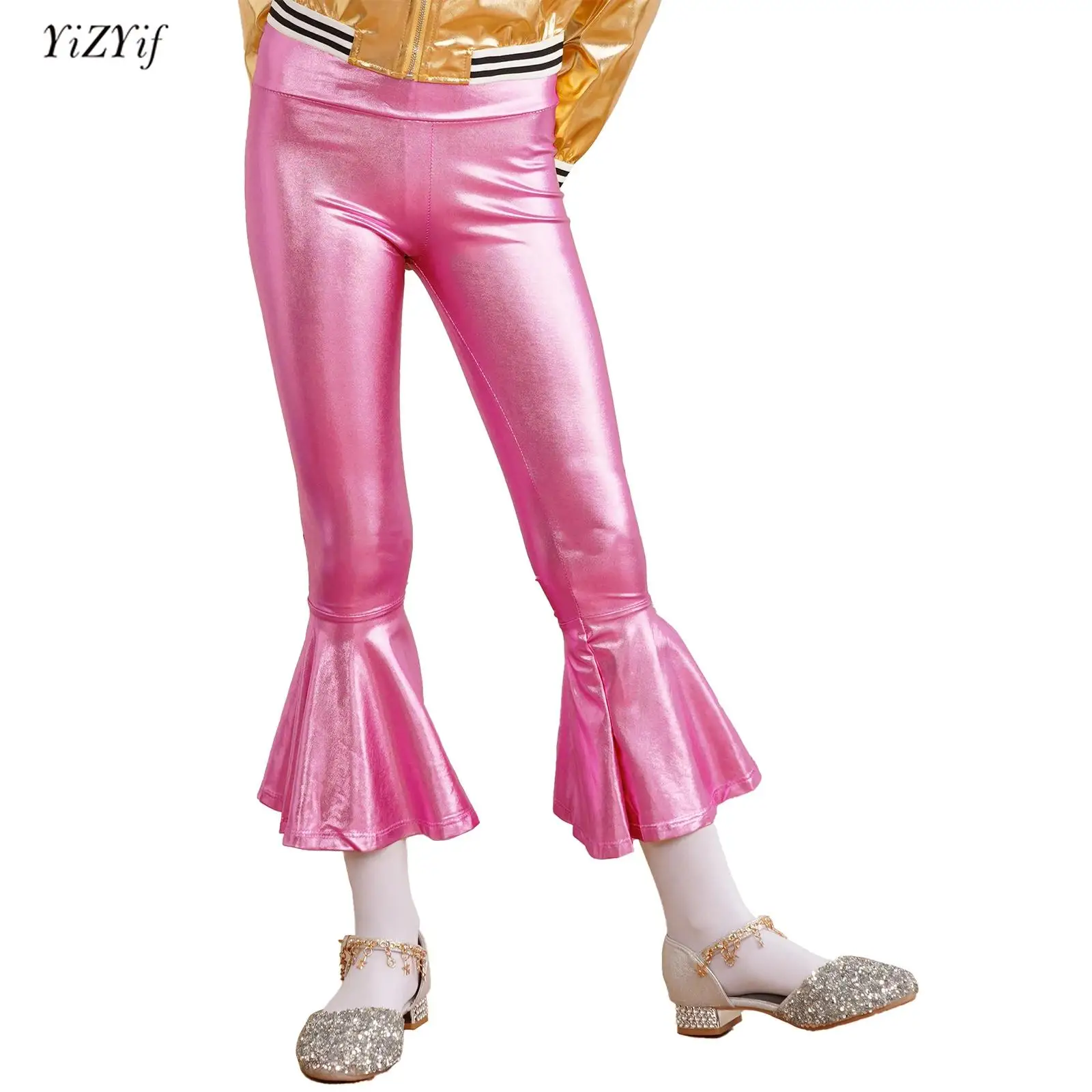 

HOT Sales Kids Girls Shiny Metallic Flared Long Pants Jazz Dance Disco Performance Trousers High Waist Ruffle Bell-bottom Pants