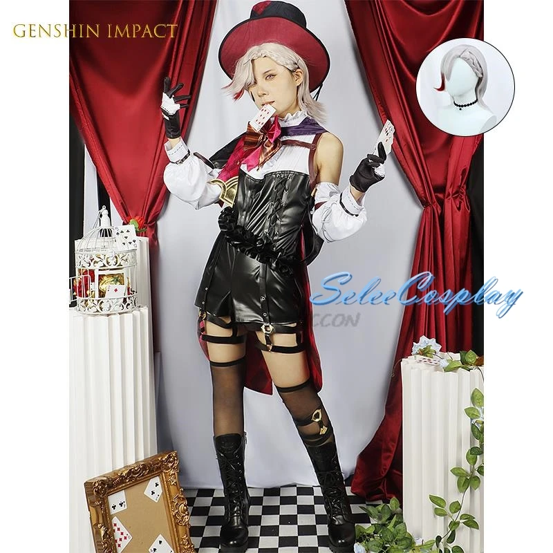 

Lyney Cosplay Genshin Impact Costume Wig Fontaine Lyney Leather Magician Uniform Short Hair Glove Twins Halloween Carnival Game