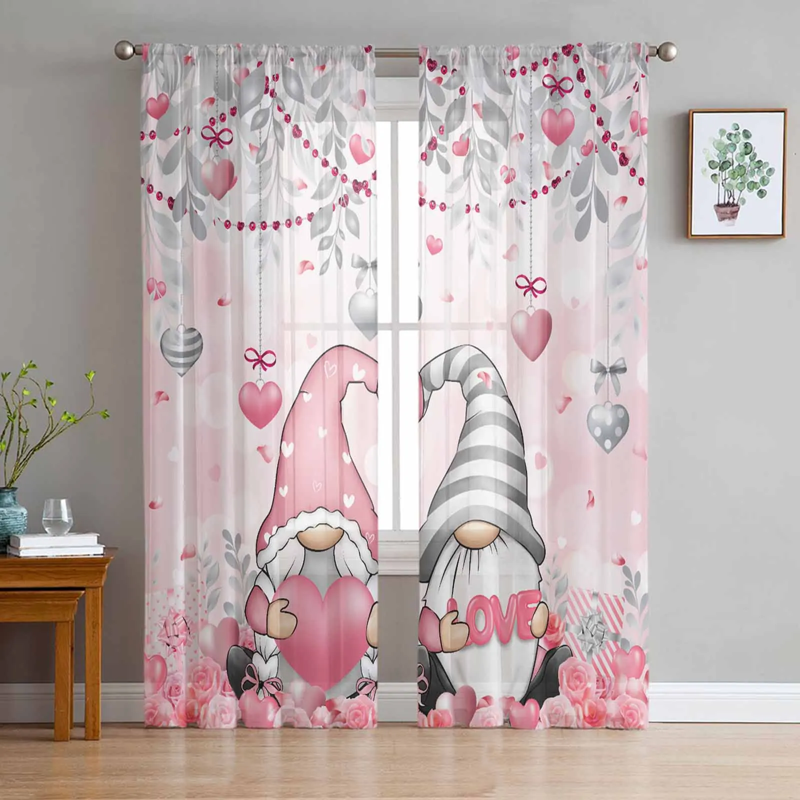 

Valentine'S Day Love Eucalyptus Rose Dwarf Pink Sheer Curtains Living Room Decoration Window Curtain Kitchen Tulle Voile Drapes