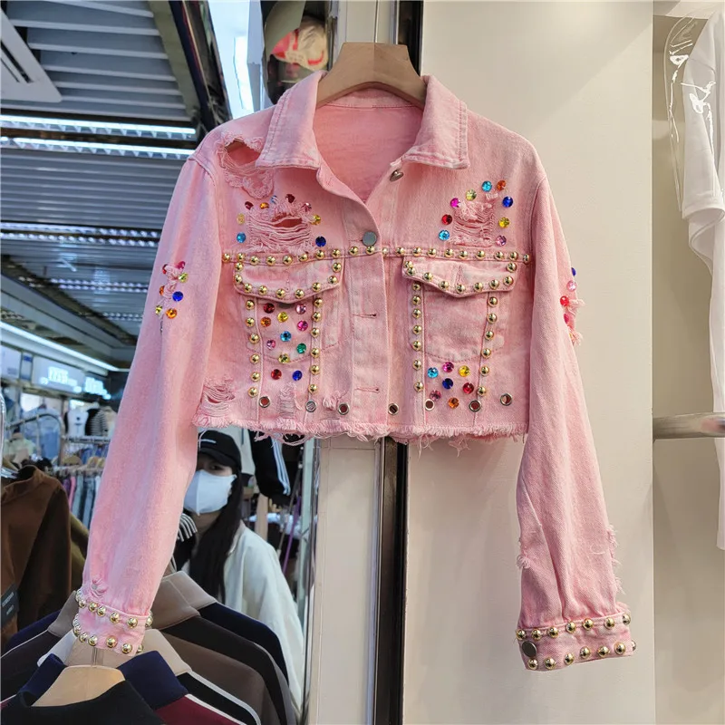 

Fashion Pink Beading Diamonds Big Pocket Hem Frayed Denim Jacket Women Loose Short Cowboy Outerwear Holes Jeans Jacket Female