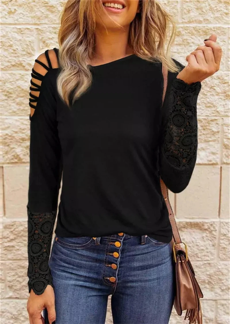 

Lace Criss-Cross One Sided Cold Shoulder Blouse Black Elegant Long Sleeve Blouses Women 2023 Vintage Shirt Casual Female Shirts