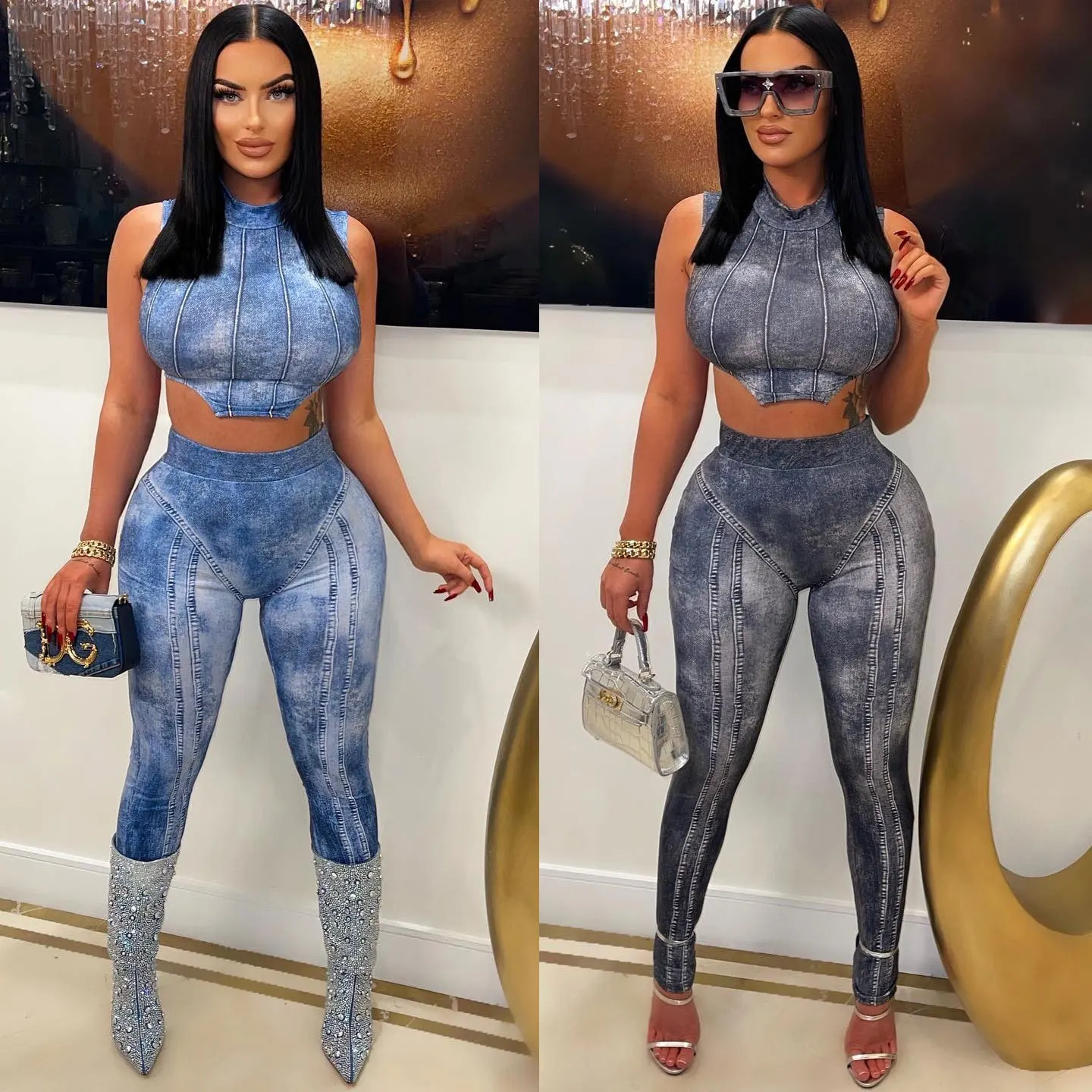 Plus Size Imitation Denim Print Outfits Two Piece Women Sexy Crop Shirt Top + Leggings Skinny 2 Piece Pants Set Party Suits
Plus Size Imitation Denim Print Outfits Two Piece Women Sexy Crop Shirt Top + Leggings Skinny 2 Piece Pants Set Party Suits