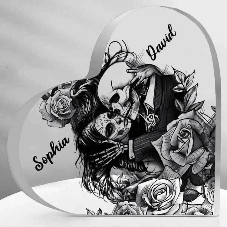 

Skull Couple Flower Print Crystal Acrylic Heart Plaque Anniversary Personalized Gift for Wife Husband Girlfriend Desk Decoration