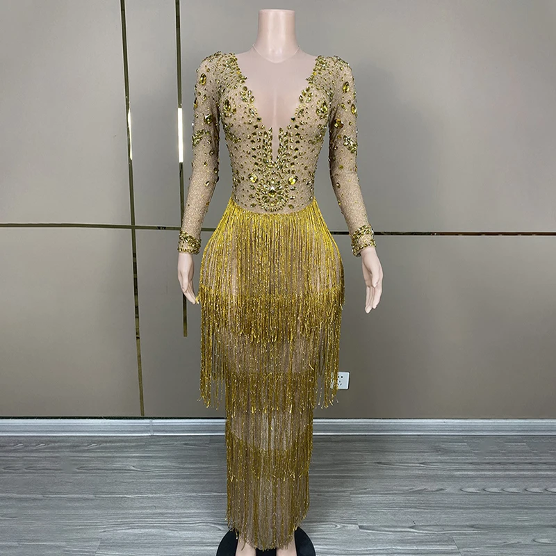 

Gold Tassel Dress Long Sleeve Rhinestones Drag Queen Costume Singer Performance Wear Birthday Party Celebrate Clothing VDB7944