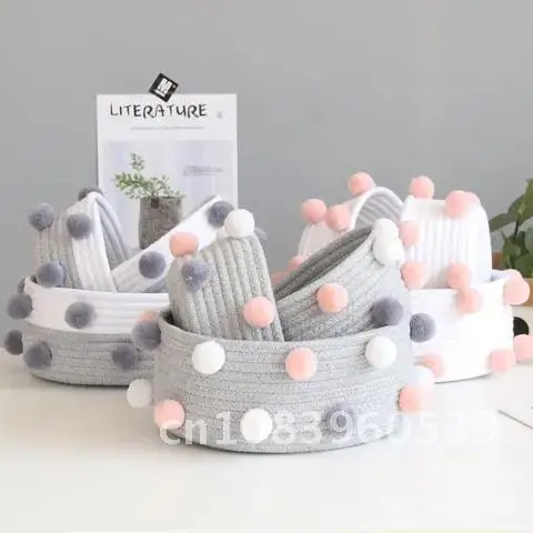 

Handmade Woven Cotton Rope Storage Baskets INS Pompom Dirty Clothes Laundry Basket Kids Toys Desktop Sundries Organizer Hamper