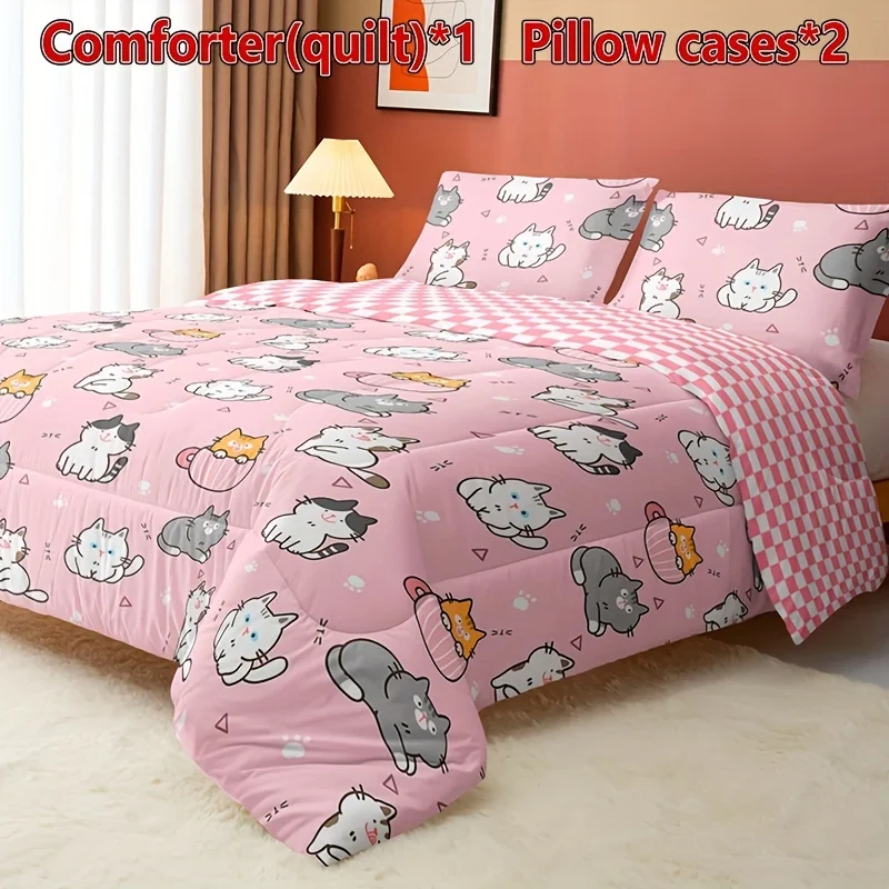 3pcs Pink Kawaii Cat Comforter Set, Lovely Kitten Printed Pattern Quilt Bedding Set With 1 Comforter And 2 Pillowcases, For Boys
3pcs Pink Kawaii Cat Comforter Set, Lovely Kitten Printed Pattern Quilt Bedding Set With 1 Comforter And 2 Pillowcases, For Boys