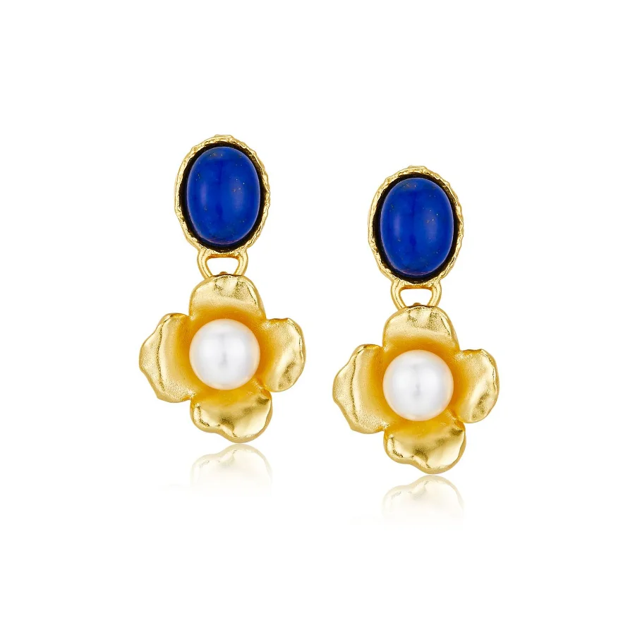 

wholesale natural lazurite and fresh water pearl gemstone stud earrings 925 sterling silver 18k gold plated earrings for women