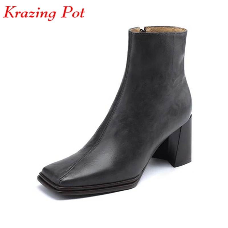 

Krazing Pot New Cow Leather Gladiator Square Toe Winter Warm Modern Boots Thick High Heels Concise Style Beauty Lady Ankle Boots