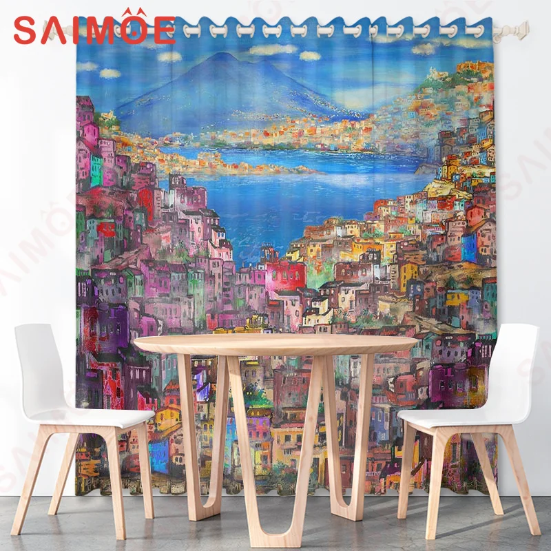 

French Classic Colorful Lake City Curtain Sunset Sea Blue Sky White Cloud Thin Polyester Fabric Office Home Decoration with Hook