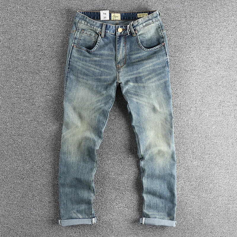 

Vintage blue water wash made old jeans men's micro chapter embellished with fitted straight tube micro elastic youth pants trend