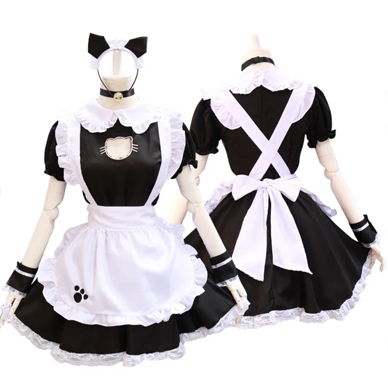 

Черные платья в стиле "Лолита", наряд горничной, костюм для косплея с милой кошкой, женский костюм, фартук, платье, костюмы на Хэллоуин
