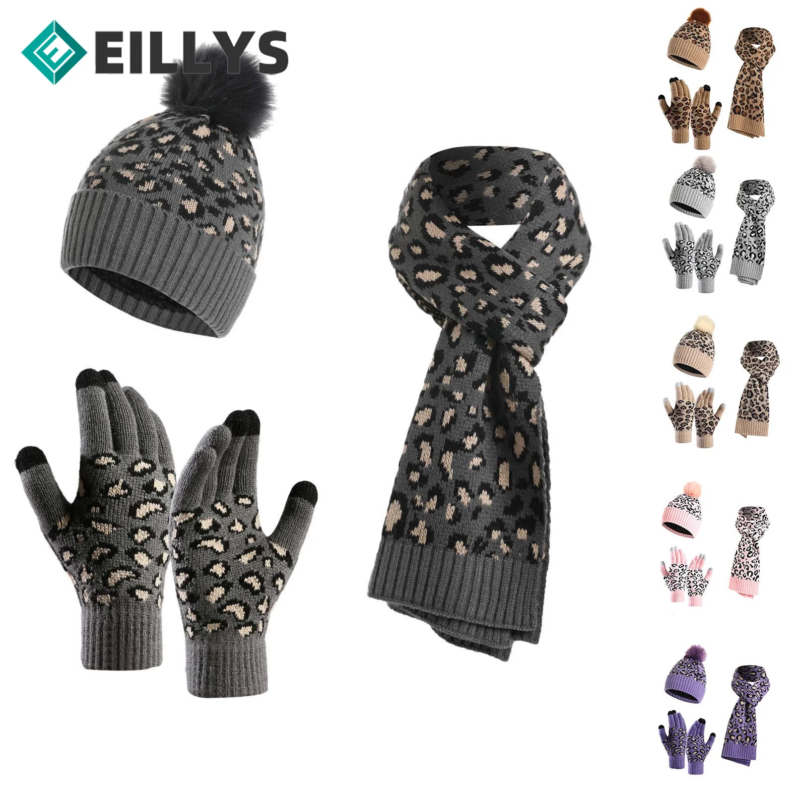 

Women Winter Kitted Leopard Printed Beanies Hat Scarf Gloves Sets Thick Warm Thermal Sets Women Winter Warm Hat Scarf Gloves Set