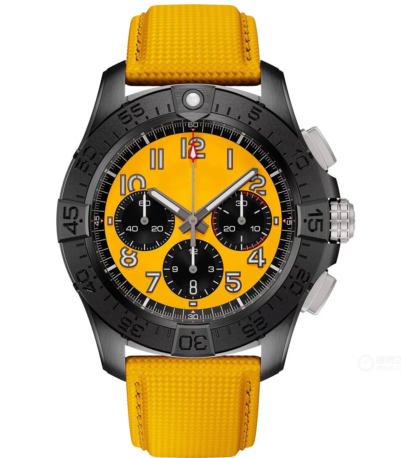

Luxury New Men Quartz Watch Chronograph Watches Avenger B01 Stainless Steel Full Black Yellow Dial Canvas Leather Sapphire 44mm