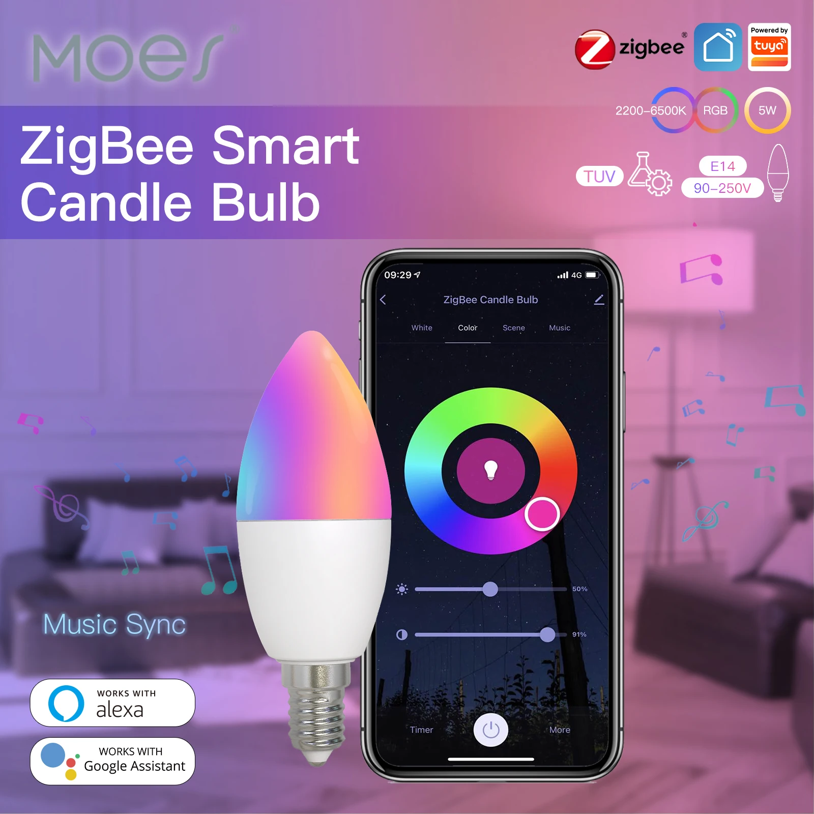 

MOES Zigbee LED Light Bulb E14 Candle Lamp Smart 5W RGBCCT 2200-6500K Dimmable Light Tuya Alexa Google Voice Control