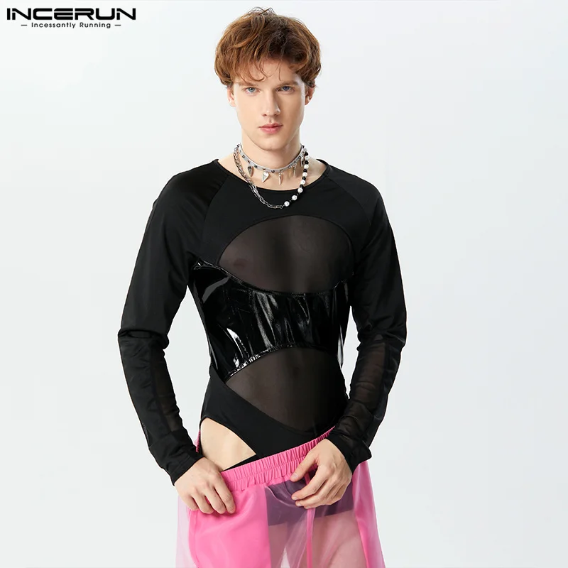 

INCERUN 2023 Sexy Style Men's Homewear Mesh Splicing Perspective Jumpsuits Casual Fashion Triangle Long Sleeved Bodysuits S-3XL