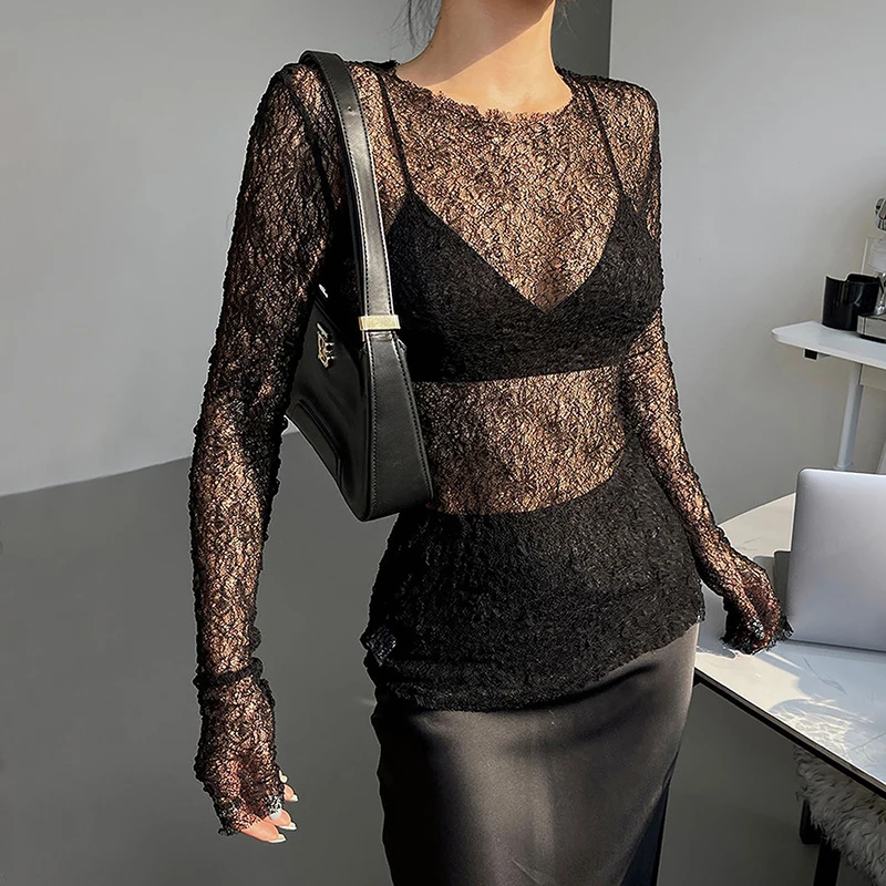 

2024 Autumn/Winter Collection: Alluring Sheer Round Neck Slim-Fit Solid Color Long Sleeve Top