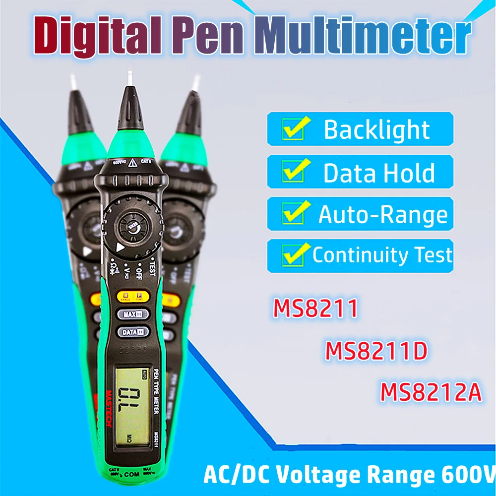 Цифровой Мультиметр Mastech MS8211 MS8211D MS8212A в форме ручки Карманный Бесконтактный тестер напряжения и сопротивления постоянного и переменного тока
Цифровой Мультиметр Mastech MS8211 MS8211D MS8212A в форме ручки Карманный Бесконтактный тестер напряжения и сопротивления постоянного и переменного тока
