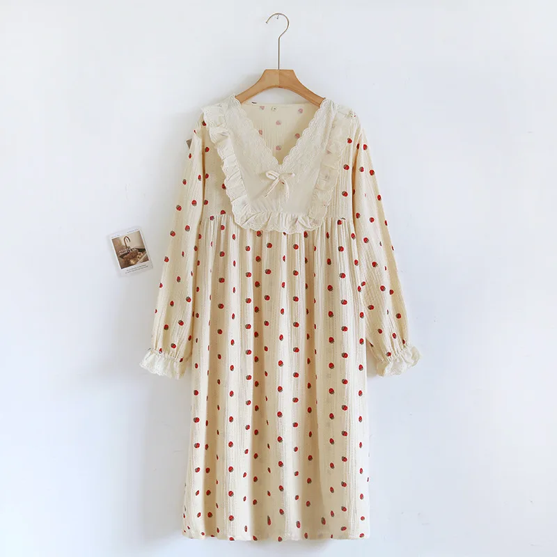 

Print Princess Nightdress Vintage Homewear Sexy Nightwear Girl Cotton Sleepwear Long Sleeve Home Dressing Gown Lady Nightgown