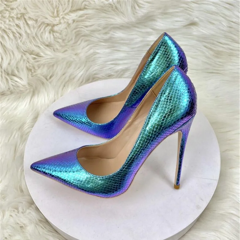 

Fluorescent Blue Snakeskin Leather High Heel Pumps Shallow Pointed Toe 12CM 10CM 8CM Stiletto Heels Banquet Dress Shoes Size 46