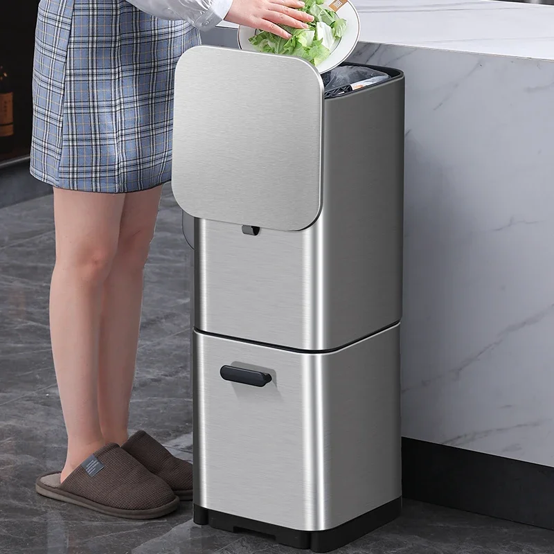

18L 2-layer Kitchen Garbage Bin Home 3-classification Dry Wet Separation Large Capacity Stainless Steel Storage Waste Bins