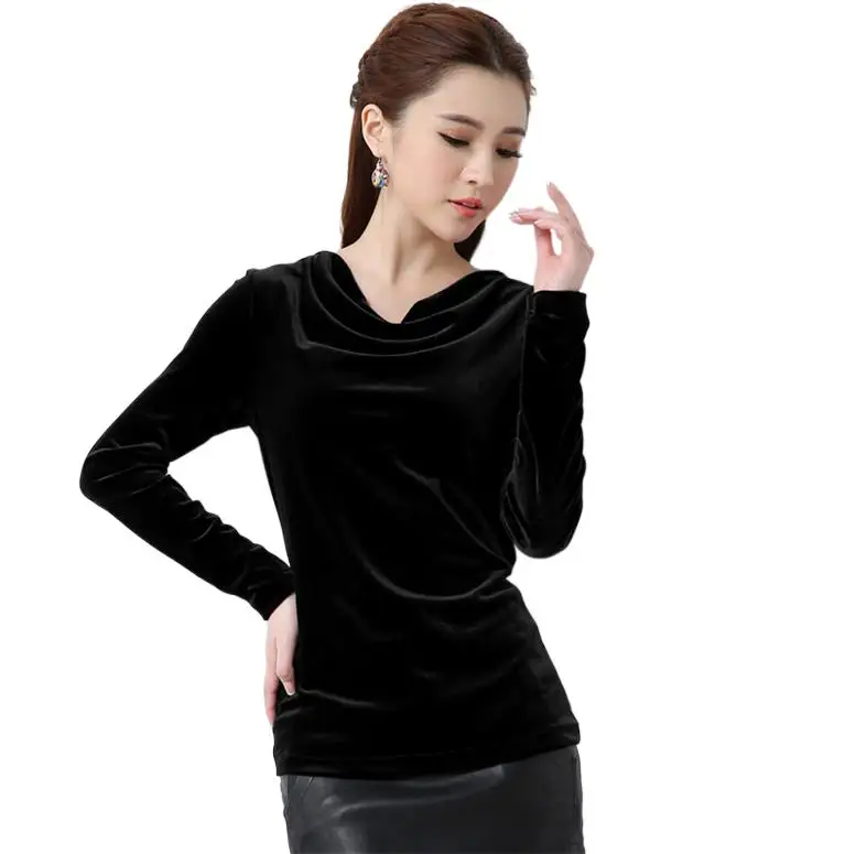 

printed t shirt womenKorean styel Women velour Shirts Winter Long Sleeve Elegant Velvet Blusas Blusas tops black purple