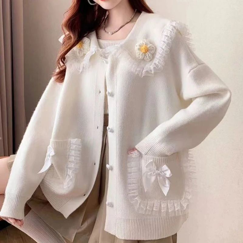 Sweet Peter Pan Collar Pockets Bow Lace Cardigan Sweaters Female Clothing 2024 Autumn Winter New Loose Knitted Young Style Tops Sweet Peter Pan Collar Pockets Bow Lace Cardigan Sweaters Female Clothing 2024 Autumn Winter New Loose Knitted Young Style Tops