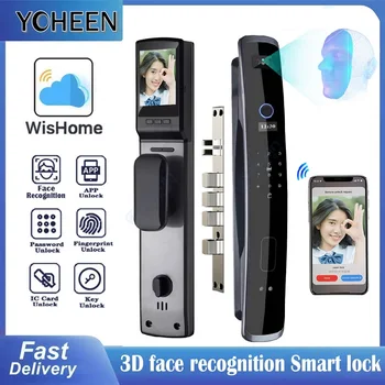 3D 얼굴 인식 지문 전자 스마트 잠금 문짝, 비주얼 초인종, 키 카드 카메라 및 데이터 심 원격 잠금 해제