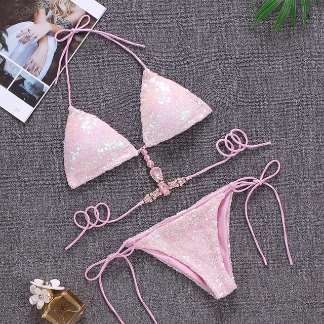 Glänzender sexy Bikini Badeanzug mit Strasssteinen Damen Bademode