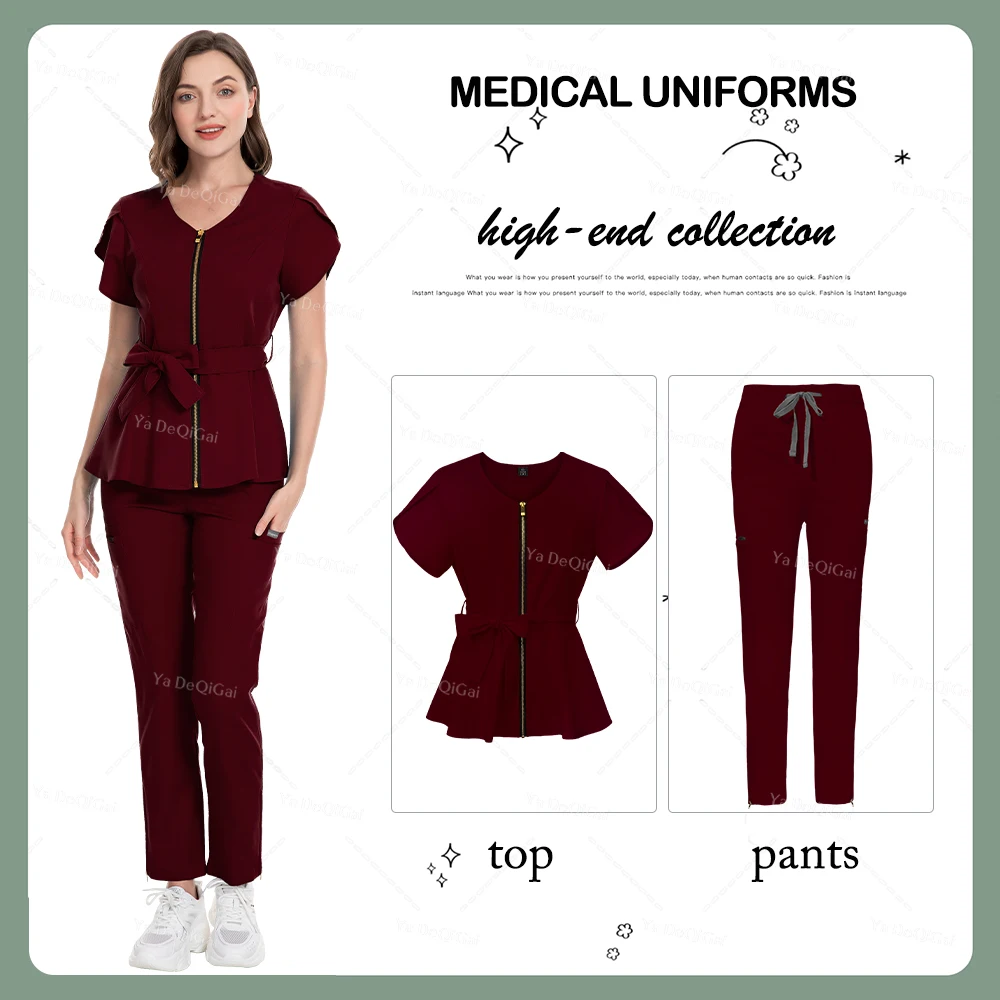 

Women Medical Elastic Scrubs Sets High-end Hospital Surgical Uniforms Nursing Top Pants Accessories Beauty Spa Workwear