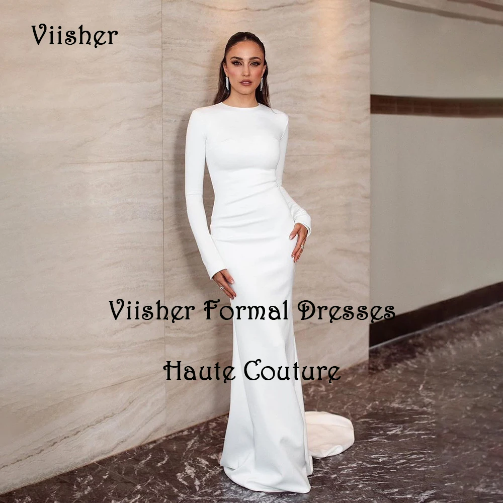 White Satin Mermaid Evening Dresses Long Sleeve O Neck Prom Party Dress with Train Simple Wedding Party Gowns
White Satin Mermaid Evening Dresses Long Sleeve O Neck Prom Party Dress with Train Simple Wedding Party Gowns