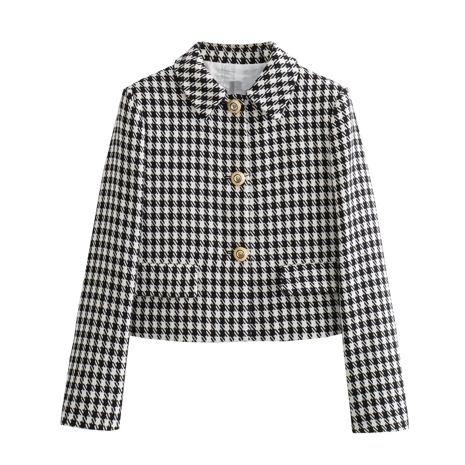 

Women New Fashion Pocket decoration Thousand Bird Grid Texture Slim Blazer Coat Long Sleeve Button-up Female Outerwear Chic