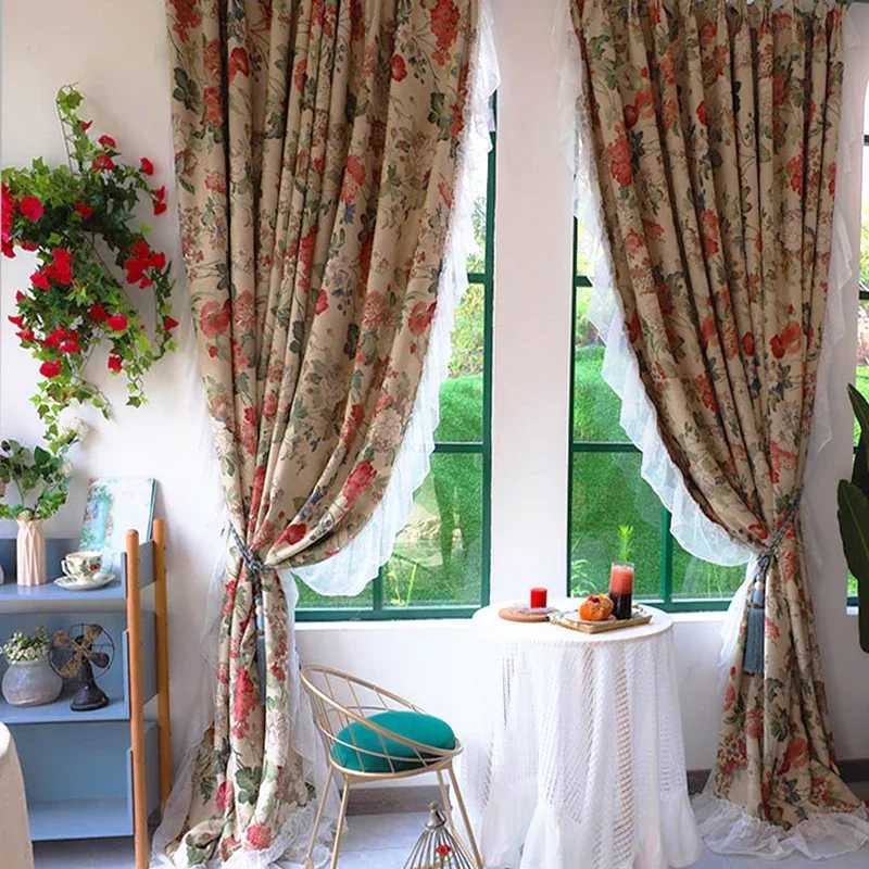 

Pastoral Rural Red Flowers Blackout Curtains for Bedroom Farmhouse Ruffled Lace Shabby Chic Organza Sheer Balcony Window Drapes