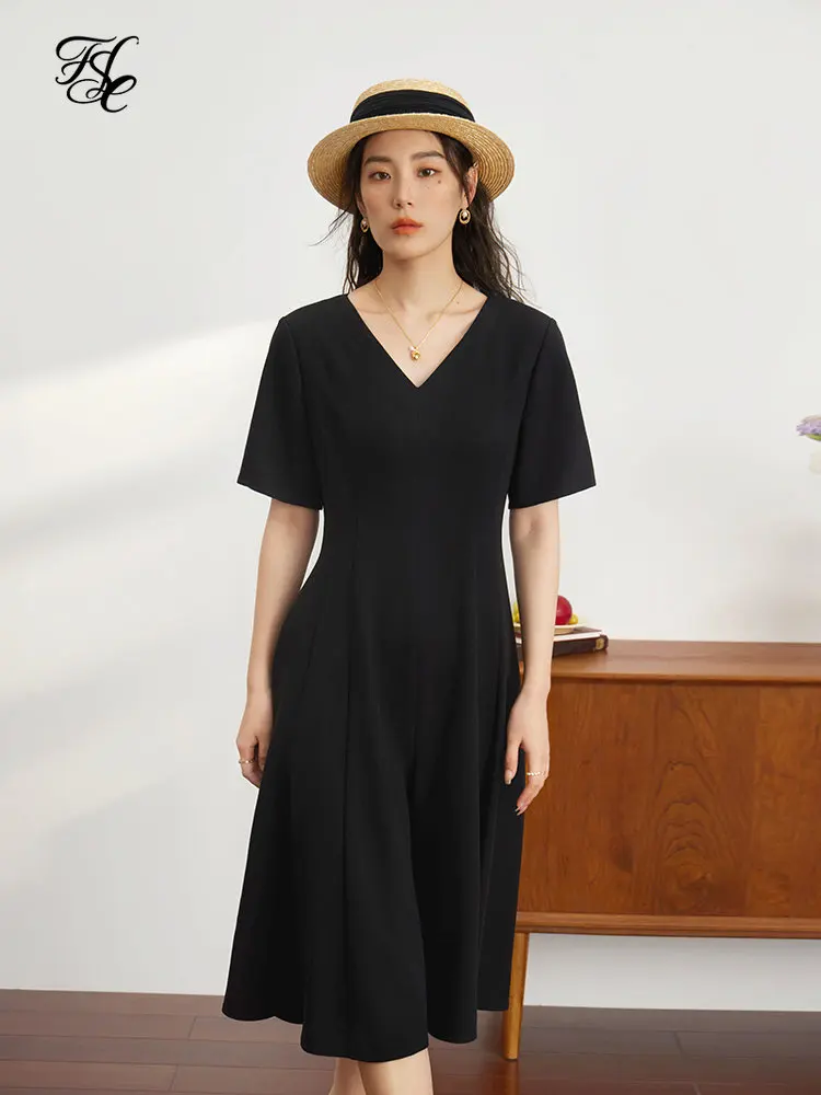 

DUSHU Commuting High-level Design Sense V-neck Black Hepburn Style Dress for Women Summer New Little Black Dress Female