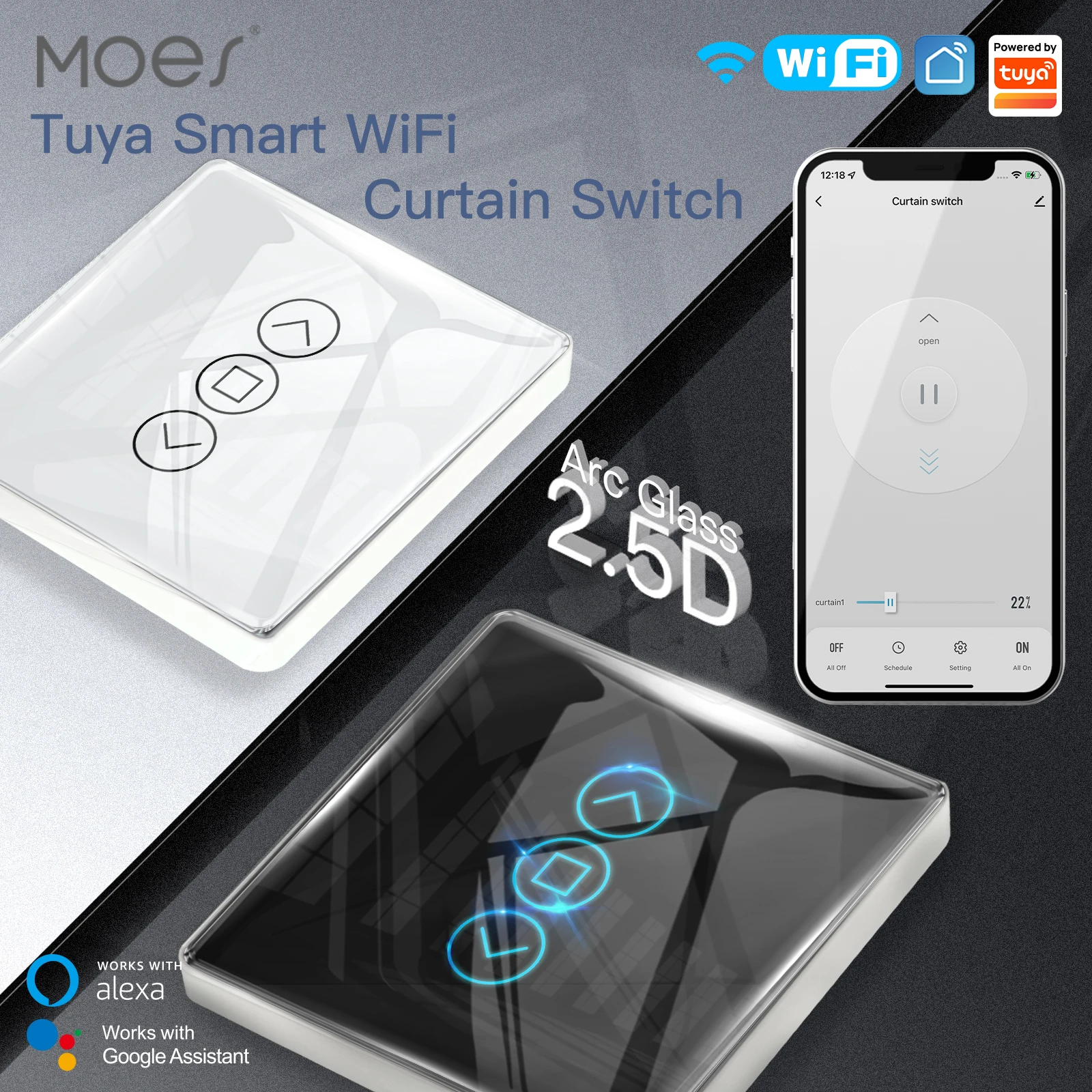 MOES WiFi RF433 Smart 2.5D Arc Glass Touch Curtain Switch for Roller Blinds Shutters Smart Life/Tuya APP Works Alexa Google Home
MOES WiFi RF433 Smart 2.5D Arc Glass Touch Curtain Switch for Roller Blinds Shutters Smart Life/Tuya APP Works Alexa Google Home