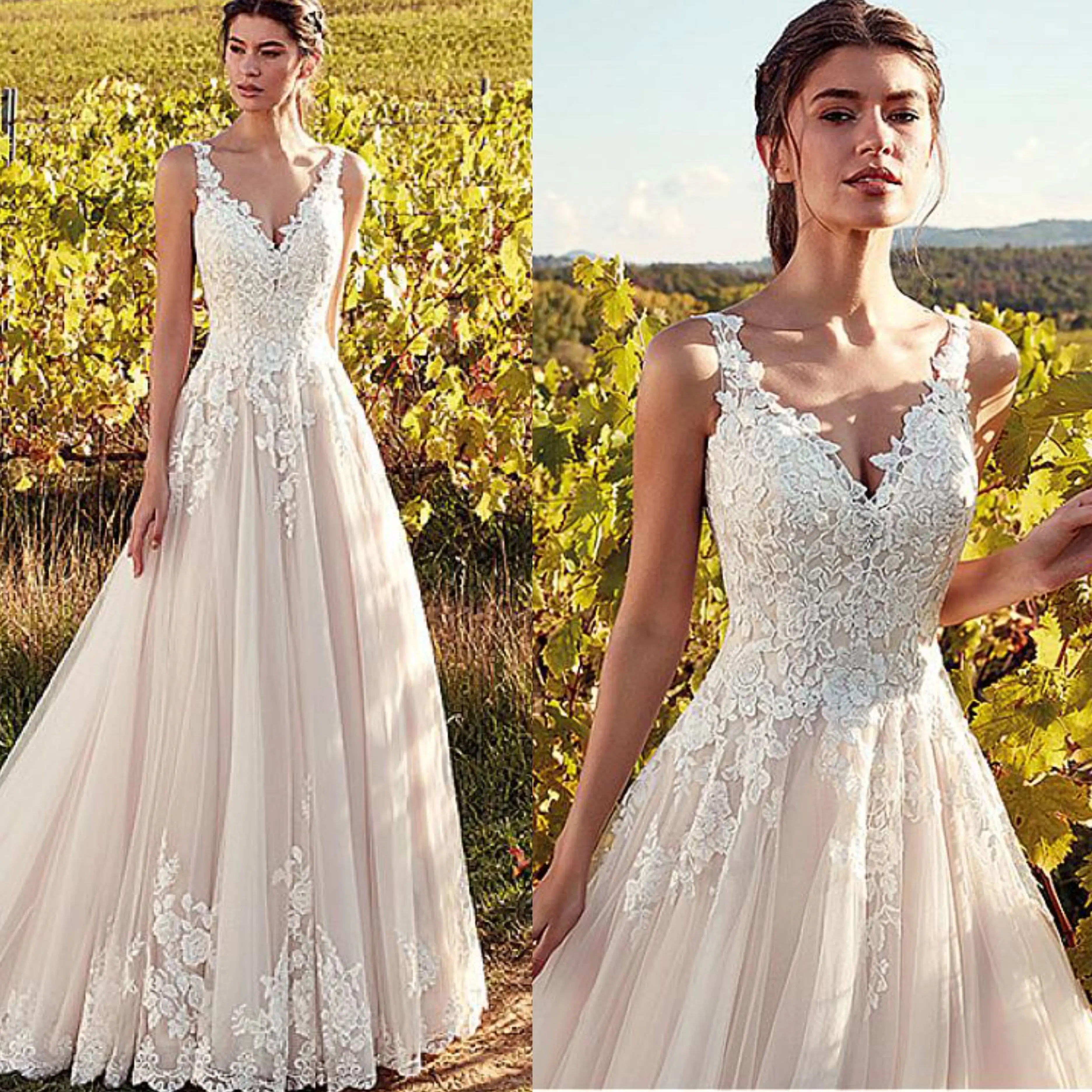

Classic V-Neck Wedding Dresses Champagne A-line Appliques Floor Length Vestidos De Noiva 2021 Bridal Dresses Cheap