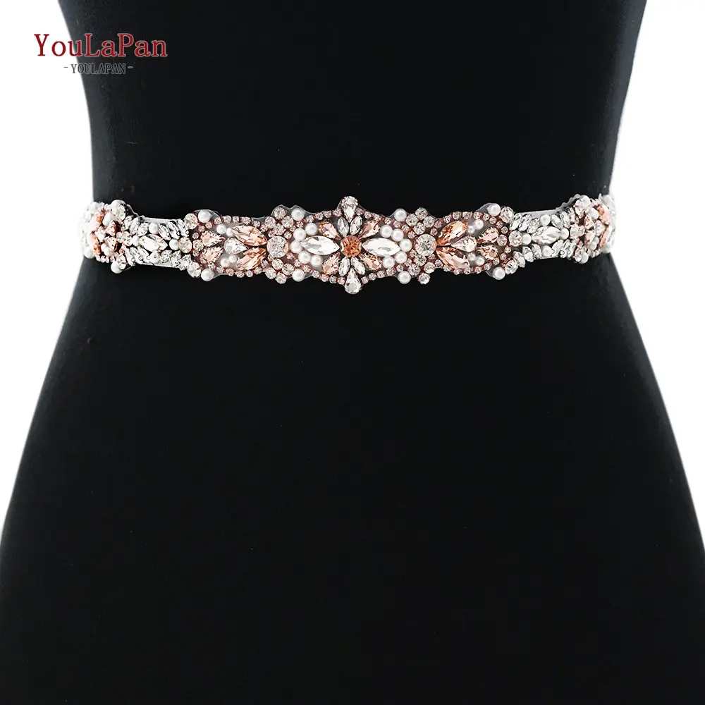 

YouLaPan Rose Gold Belt Wedding Crystal Belt Rose Gold Wedding Belt Rhinestone Applique Embellished Belts for Dresses S442