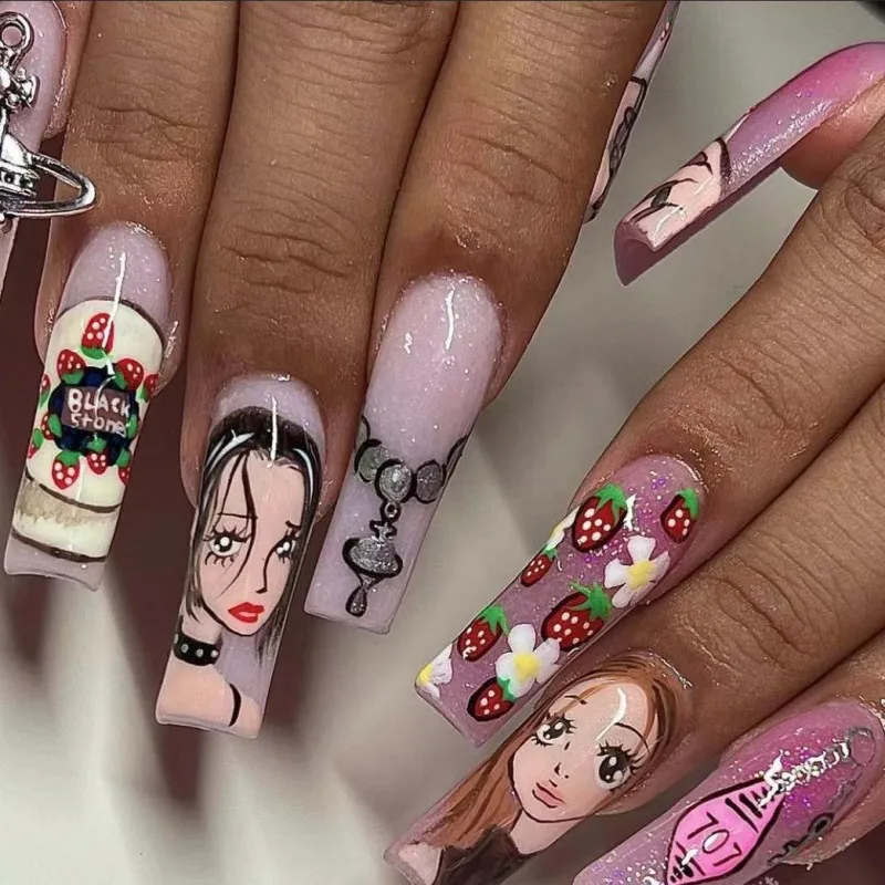 

Anime Fake Nails Strawberry Ballerina False Nails Ombre Pink Nail Art Detachable Kawaii Nail Accessories Press on Nails Decor