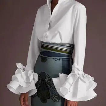 Blusa Casual Feminina Coreana, Elegante, Confortável e Versátil 11 Elegant Office Blouse Women Fashion Shirts Tunic 2024 VONDA Long Flare Sleeve Tops Casual Solid Buttons Party Blusas Femininas