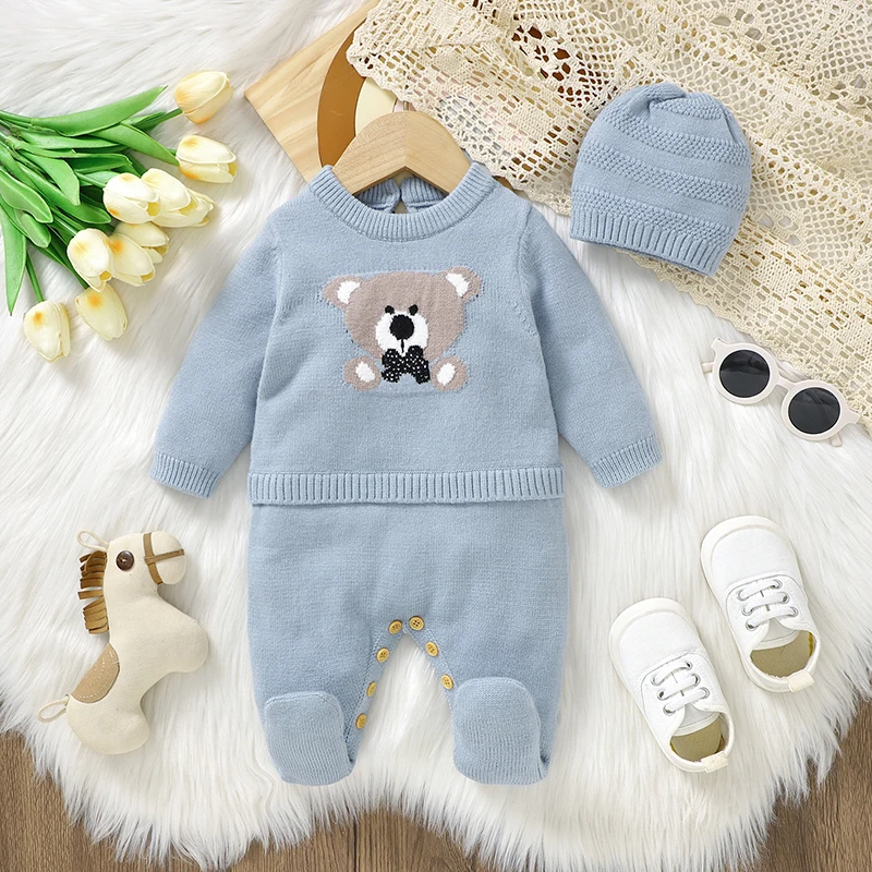 

Newborn Baby Romper Hat Sets Knit Infant Boy Jumpsuit Long Sleeve Cute Bear Toddler Clothes 2PC Overalls 0-9M Playsuit Warm Fall