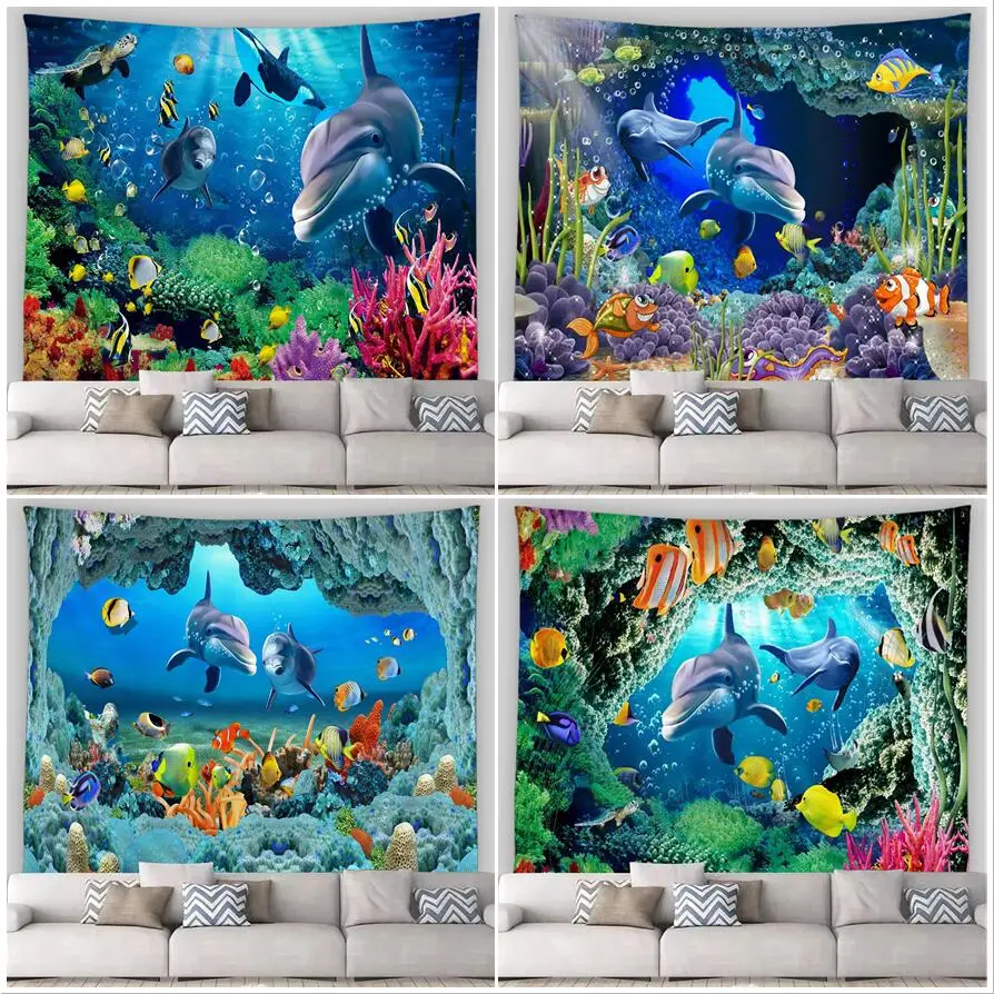 

Underwater Landscape Tapestry Funny Dolphins Tropical Fish Coral Ocean Cave Nature Scene Wall Hanging Kids Home Room Decoration