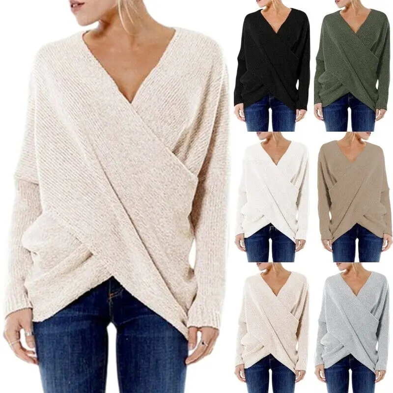 

Women's Pullover Top Fashion V Neck Inclined Irregular Hem Sweater Soft Loose Long Sleeve Knitwear Solid Color Ladies Jumper