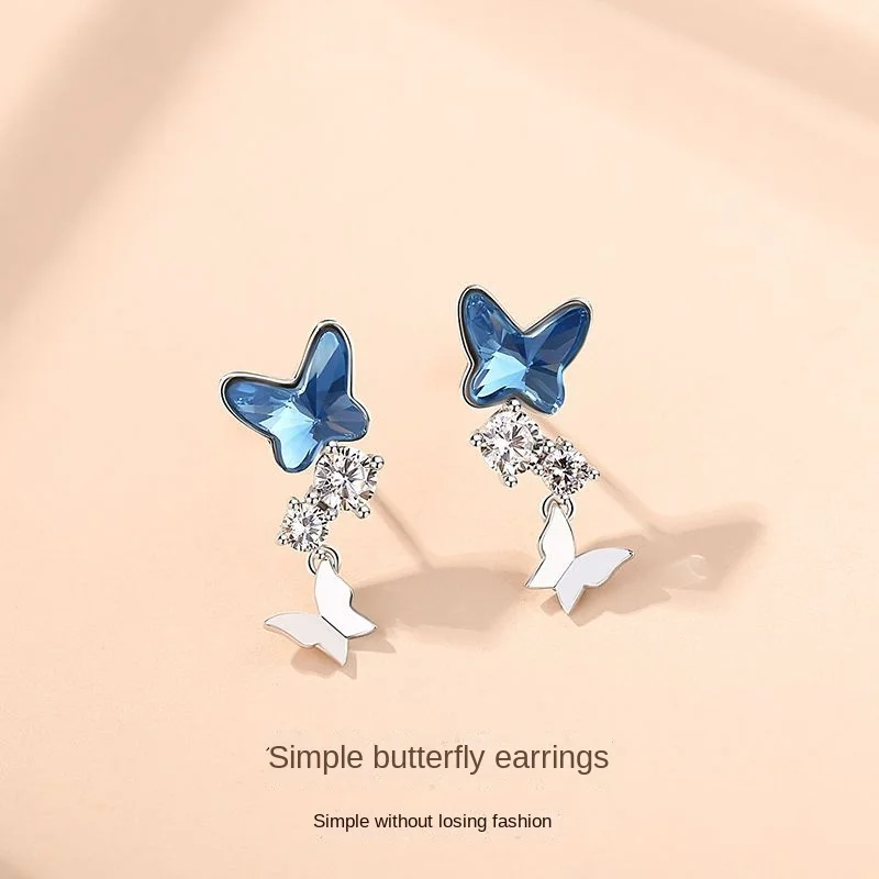 

2024 925 Sterling Silver Butterfly Austrian Crystal Glass Shiny Pendant Earrings Women Charm Luxury Elegant Delicate Ear Studs