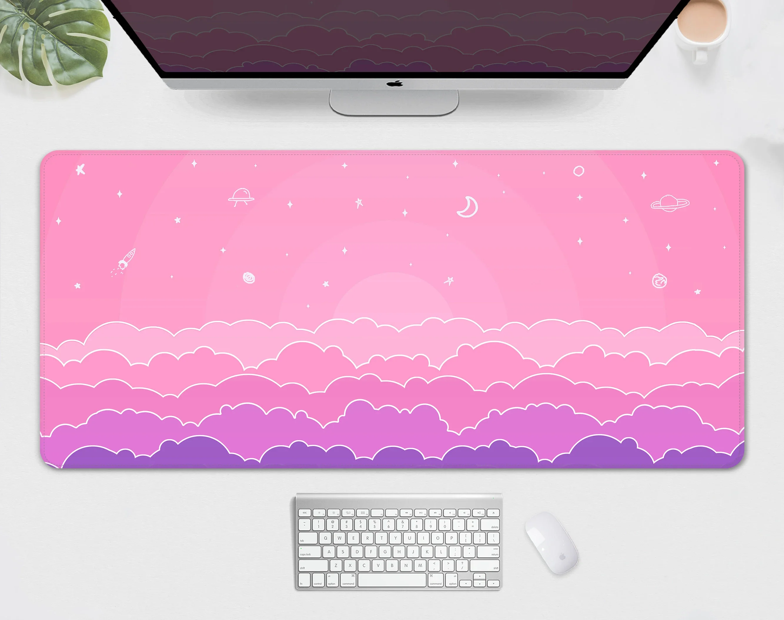 

Kawaii Clouds Desk Mat XXL Cute Pink Mousepad 90x40 Pastel Purple Sky Moon Stars Deskpad Mouse Pad Space Large Gaming Deskmat