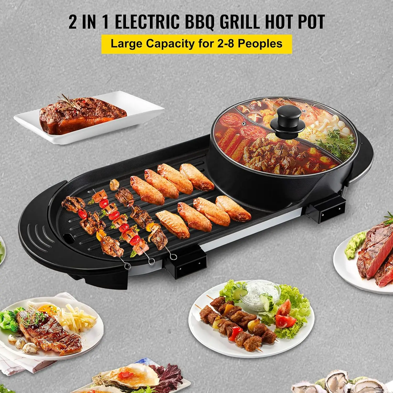 

in 1 BBQ Grill and Hot Pot with Divider, Aluminum Alloy BBQ Stove Hot Pot, Separate Dual Thermostat Teppanyaki Grill Pot with 5