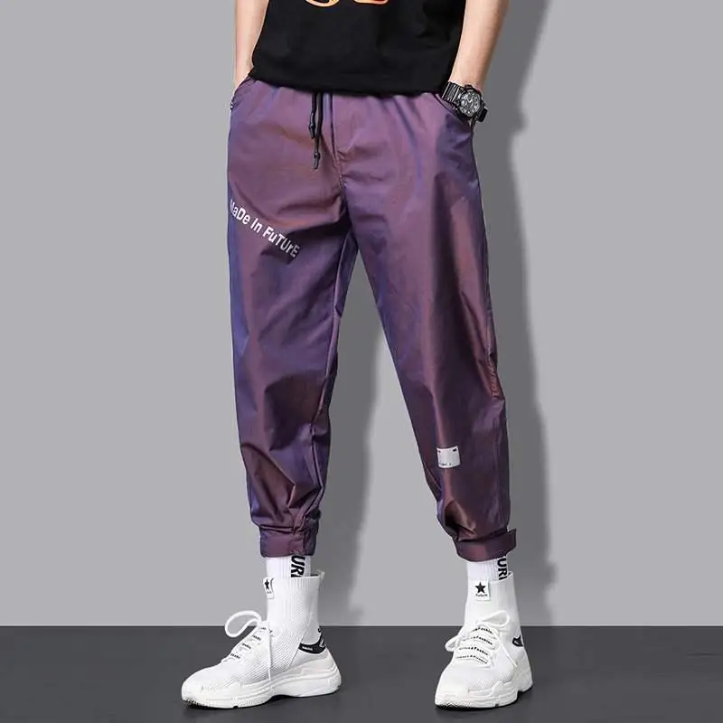 

2024 Summer New Gradient High Waist Pockets Versatile Men's Loose Fitting Sports Trend Reflective Casual Cropped Harlan Pants