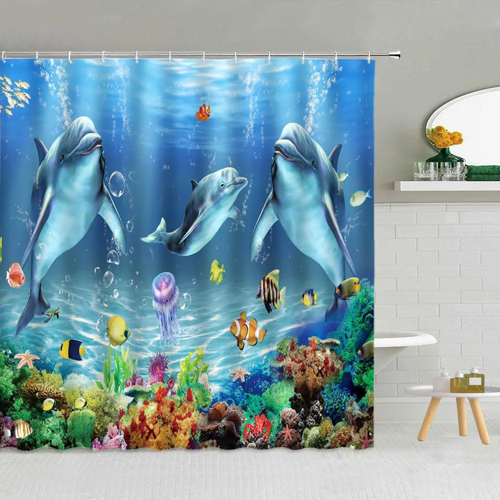 

Занавеска для душа с морскими животными, подводный мир, Кит, тропическая рыба, черепаха, коралловый синий цвет, для мальчиков и девочек, детский мультяшный декор для ванной комнаты