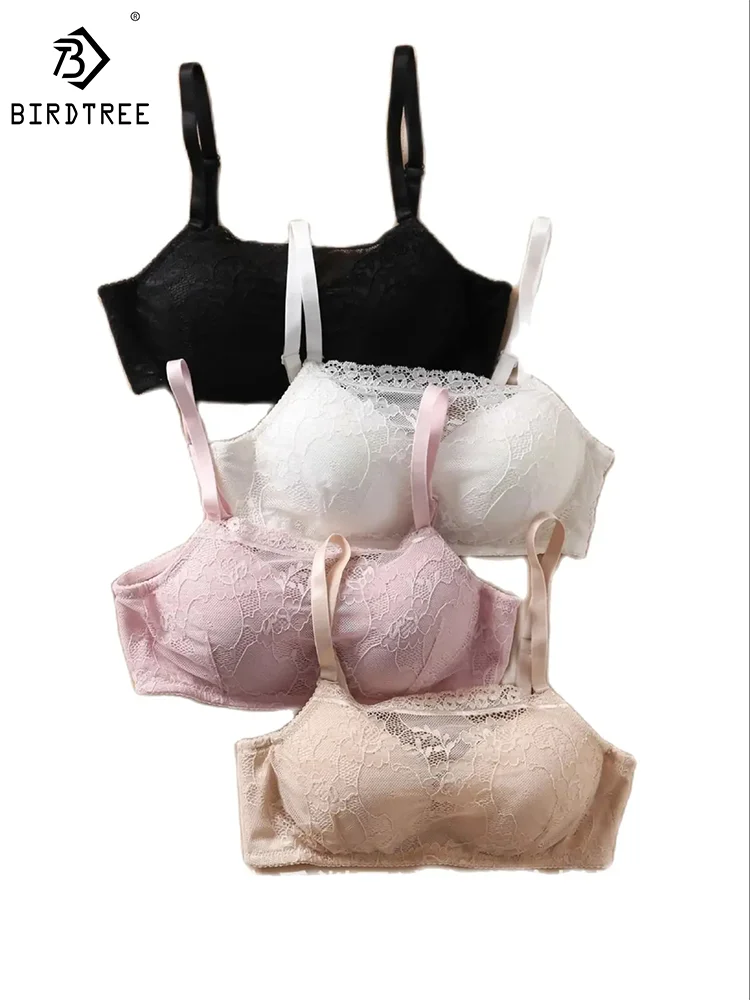 

Birdtree Lining 100%Pure Silk Women Bra Breast Top Wire Rimless Lace Flower Fashion Breathable New Brassiere P3N008QM