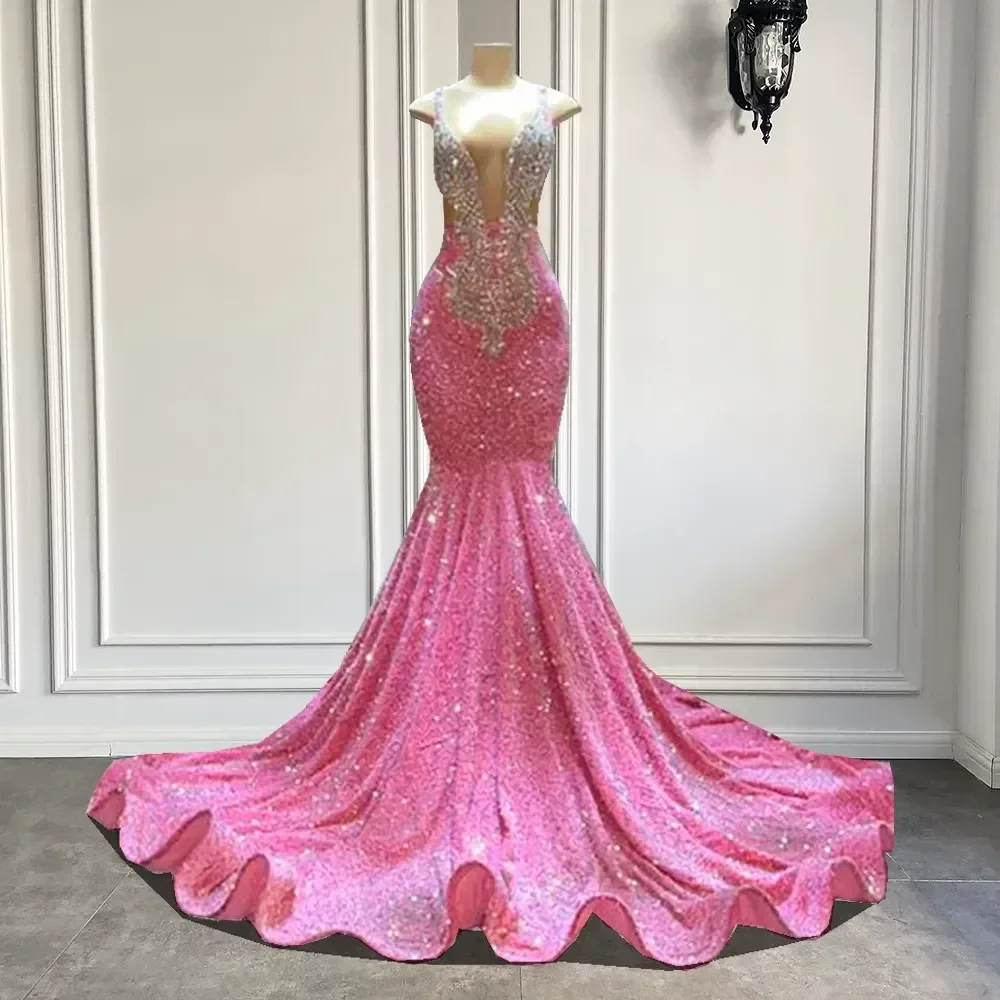 

Luxury Prom Dresses Mermaid Sparkly Pink Sequins Black Girls Crystals Evening Formal Gala Party Gowns Robe De Soiree Vestidos