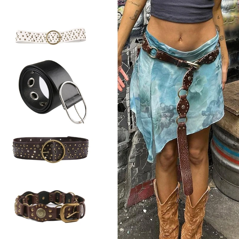 

PU Leather Belts with Carved Flower Rivets Adjustable Pin Buckle Waist Belt Woman Jeans Dresses Skirt Coat Waistband